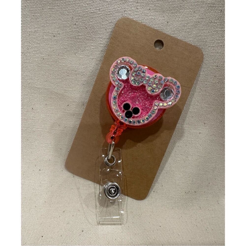 Minnie Mouse Pink Glitter Badge Reel Work Badge Holder